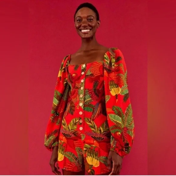 NWT Farm Rio Red Forest Birds Printed Square Long Sleeve Romper Women’s Size XS - Picture 1 of 8